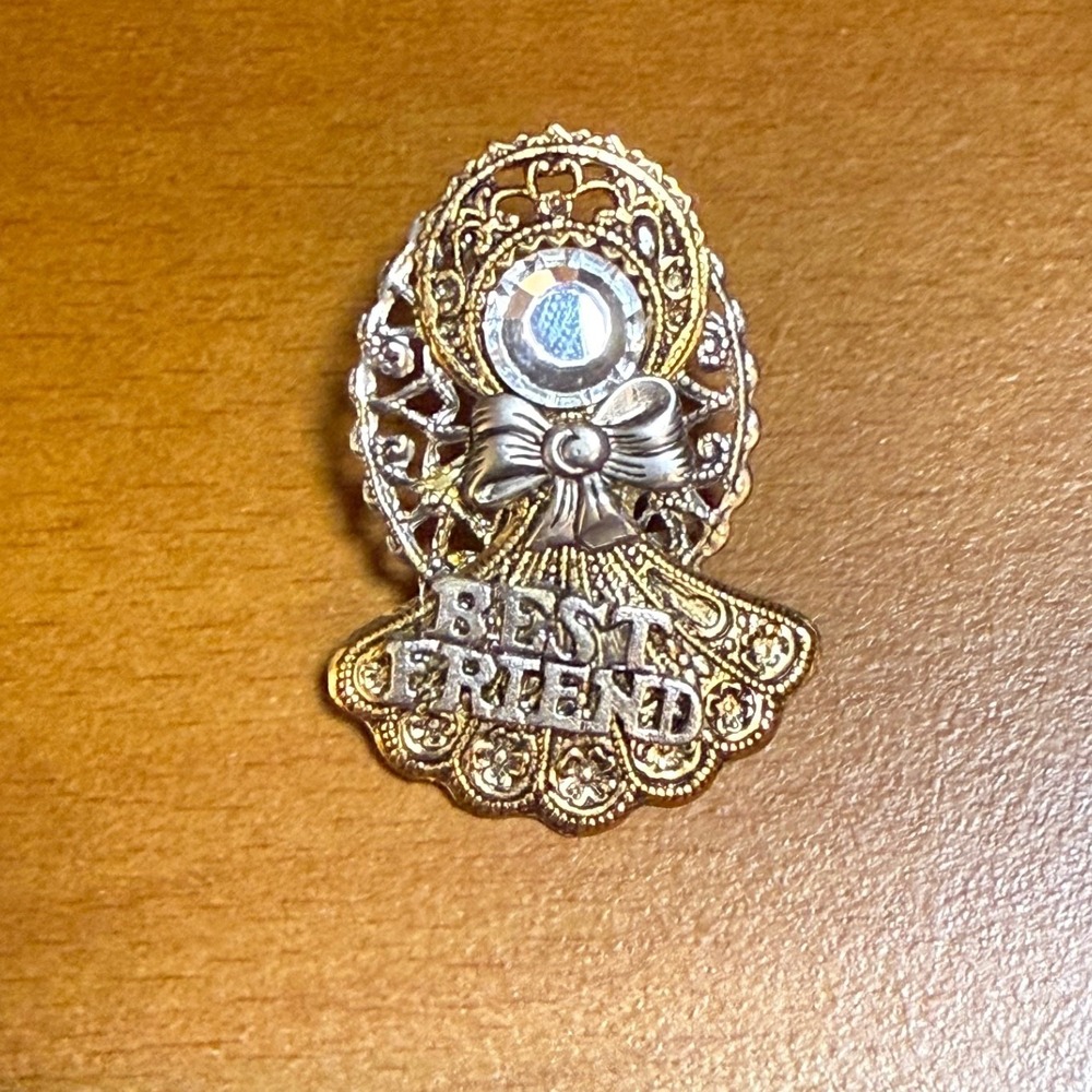 Vintage Two Tone Best Friend Filigree Pin Rhinestone Bow Silver Gold Tone